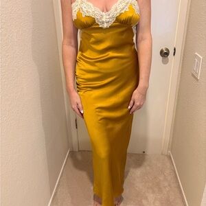 RESA Mustard Gold Satin Maxi Slip Dress with Cream Lace Trim